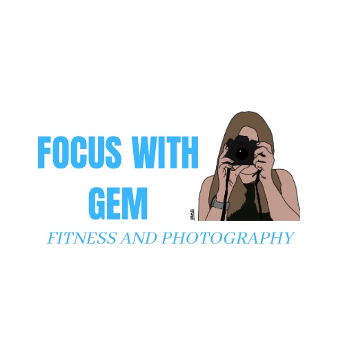 Cartoon version of me holding a camera with the words 'Focus with Gem' then 'Fitness and Photography'